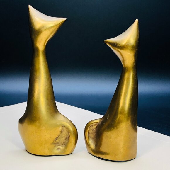 80s Brass Long Neck Alley Cat COUPLE Figurines Set, Vintage Gold Tone Statuettes - Picture 5 of 11